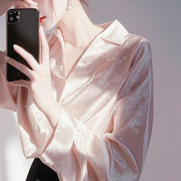 Women’s Purple Satin Jacquard Blouse - French Vintage Fall Long Sleeve Elegant Shirt - Image 3