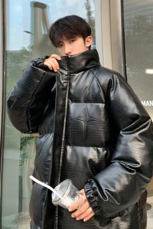 Men’s Croc Print Metal Stamp Jacket - Oversized Casual Streetwear Cotton Coat