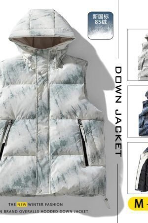 Winter New Large Size Down Vest Men's Hooded Tie-dye Camouflage Gradual Change 85 White Duck Down Plus Fat