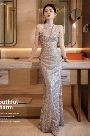 Gala Evening Dress with Champagne Fringe & Sequin Fishtail