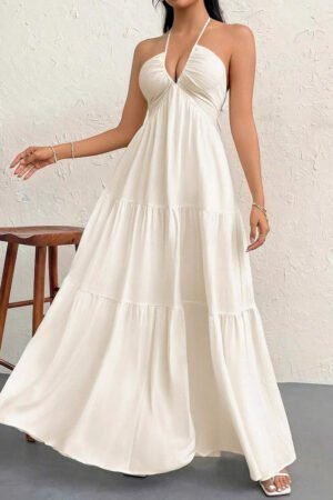 Coquette Beach Dress | Halter V-Neck White Pleated A-Line | Romantic Vacation Dress