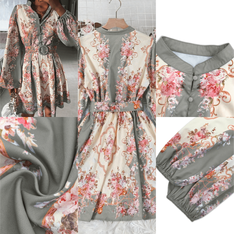 Spring Floral Midi Dress: Vintage Belted Fit, Puffed Sleeves & Mock Neck 10 12b7c6b778354eb91b61743dd8388ff2
