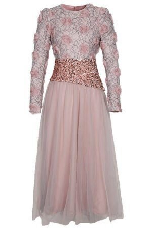 Women’s French-Inspired 3D Floral Sequin Mesh Waist Dress, Elegant Spring & Autumn Party Dress