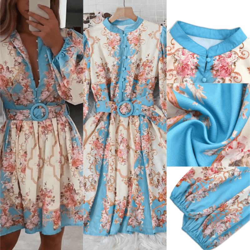 Spring Floral Midi Dress: Vintage Belted Fit, Puffed Sleeves & Mock Neck 9 hmqViviiyNSAyin+WuaXt80Sh+UCAGbUHg8P